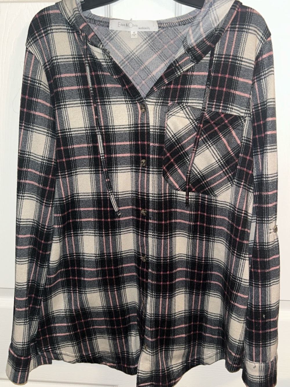 Eden & Olivia Black, Cream & Pink Plaid Hooded Shirt